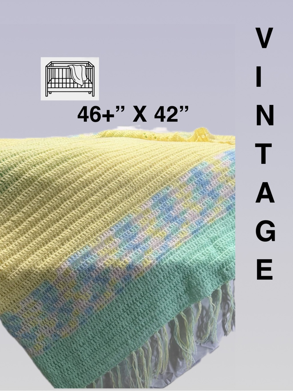 "Vintage Pastel Crochet Crib Blanket," 46+” x 42”.